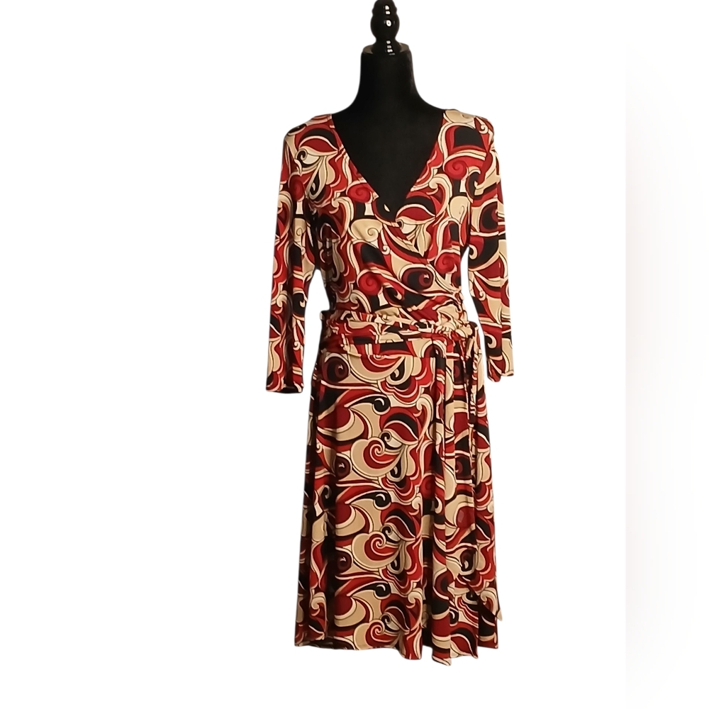 AB Studio Women's Red, Black, and Gold Swirl Long Sleeve Belted Faux Wrap Dress.